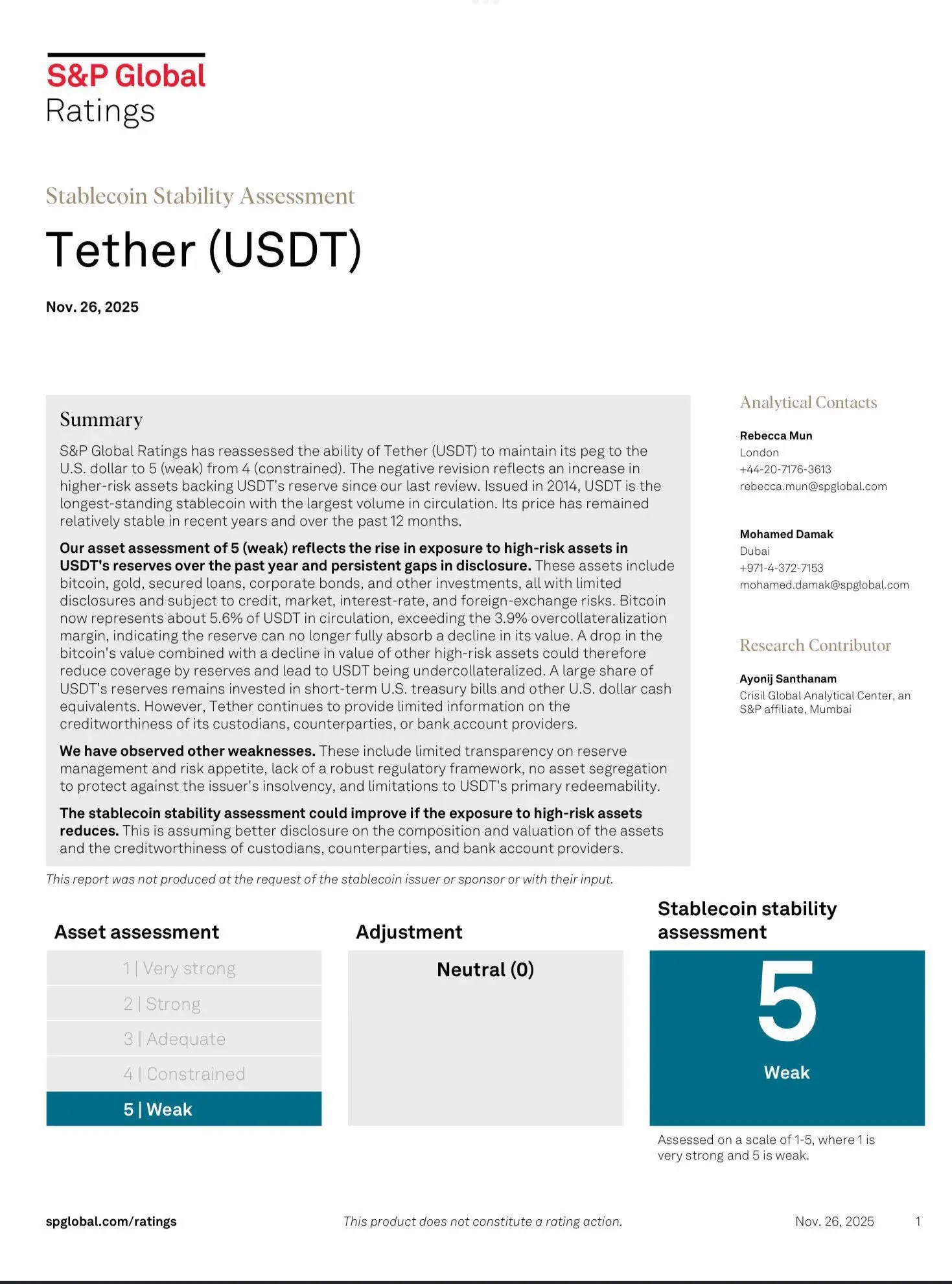 标普给予 Tether 最差评级，其他稳定币它看得上谁？